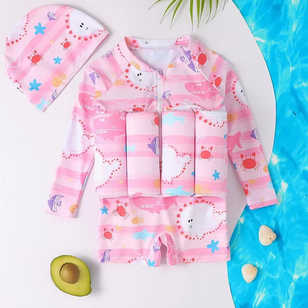 UV protective toddler swim vest & shorts, great for active pool safety.