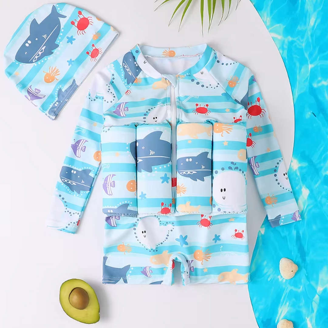 Toddler swimwear: Float vest with integrated shorts & SPF 50+ sun block.