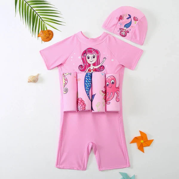 Kids' flotation vest & built-in swim shorts for beach & pool safety.