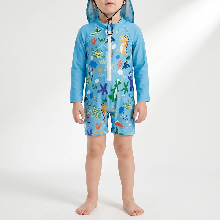 Playful print toddler long sleeve swimsuit & matching flap hat, offering UPF 50+ sun protection.