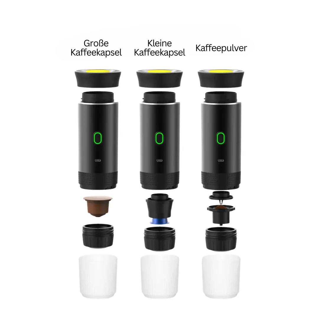 Tragbare, kompakte Espressomaschine in Schwarz, USB-aufladbar; passt in Rucksack oder Handtasche für mobilen Kaffeegenuss.