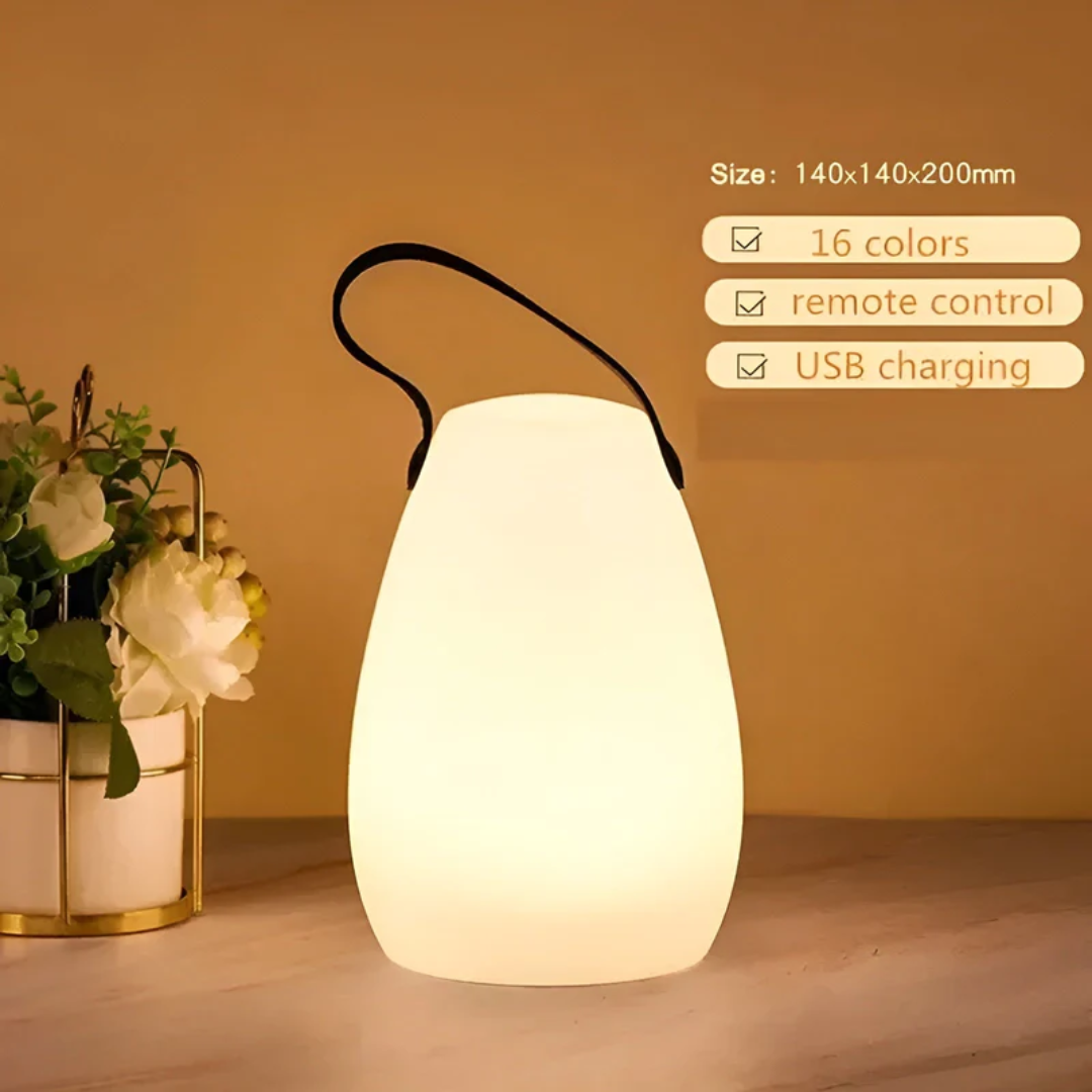 "Tragbare wasserfeste LED Tischlampe in modernem Design, ideal für drinnen und draußen, kabellos und langlebig."