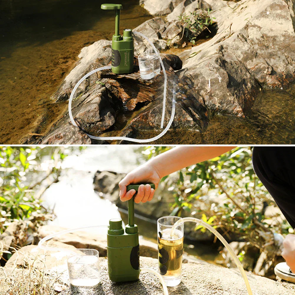 "Tragbarer Outdoor-Wasserfilter in Blau, entfernt Bakterien, ideal für Camping und Wandern, mit robustem Design."