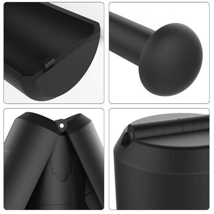 "Tragbarer schwarzer Mini-Klappstuhl für Outdoor, leicht, kompakt, eine Person montiert ihn freudig im Freien."