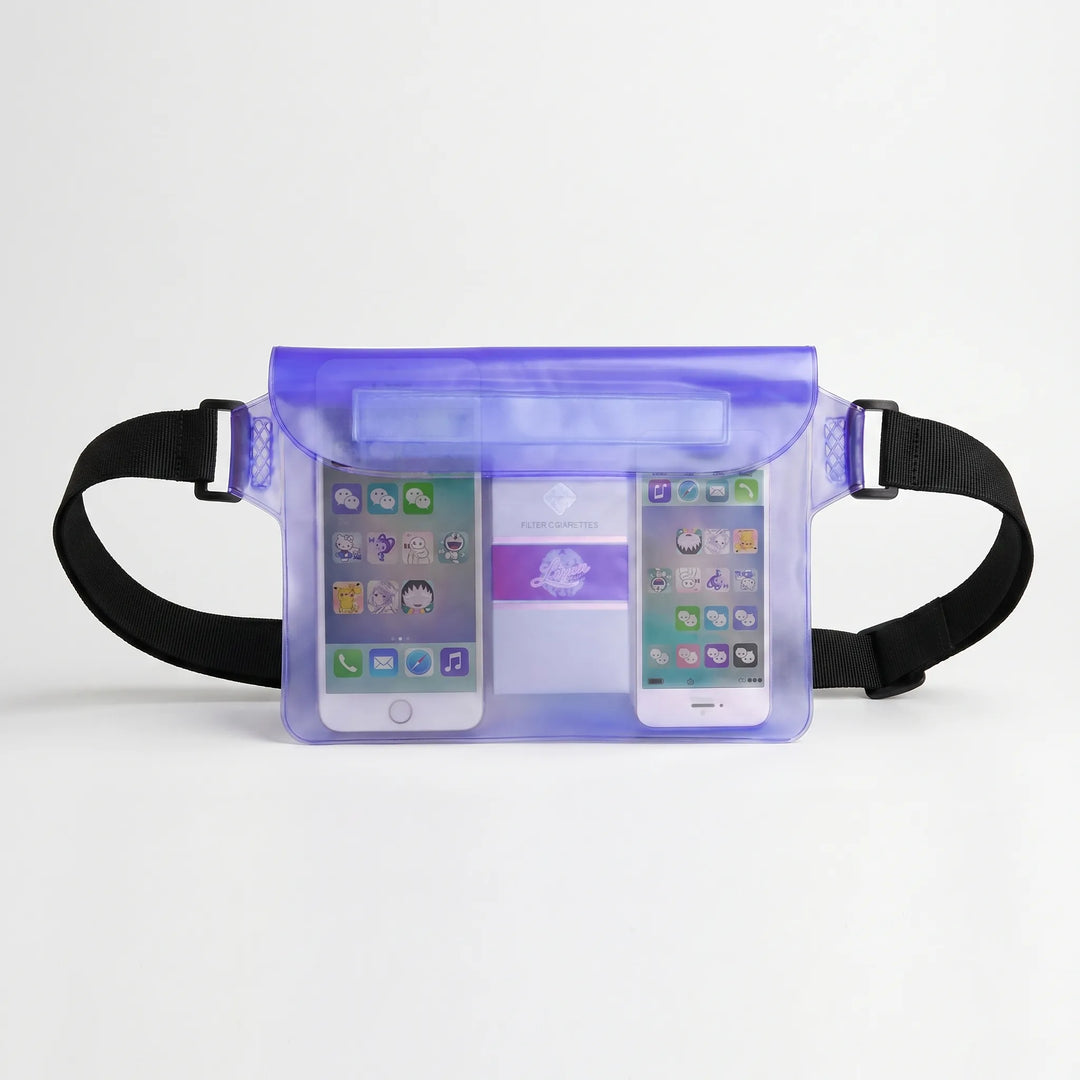 Clear waterproof waist pack for phones & essentials. Ideal for beach, pool, water sports, outdoor activities.
