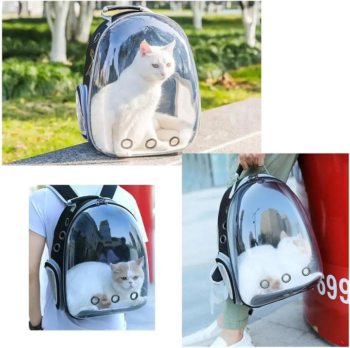 Breathable pet travel backpack with transparent bubble. Perfect for small pets on hikes or trips.
