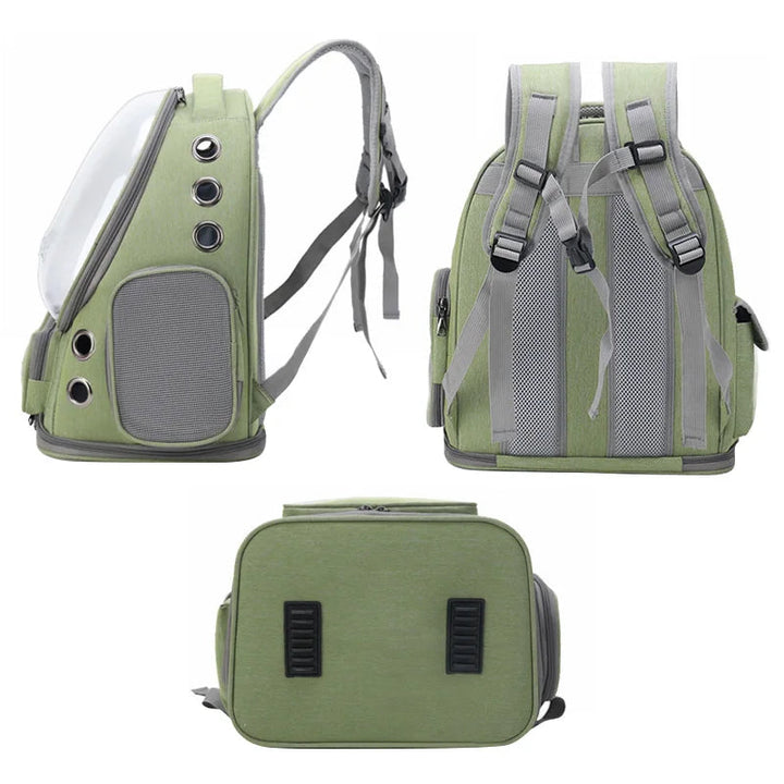 Durable oxford fabric pet carrier backpack with panoramic transparent dome for small animals.