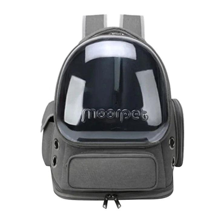 Pet travel gear: transparent cat backpack with adjustable straps and comfortable interior for small dogs.