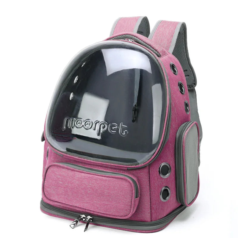 Unisex transparent pet backpack for pet parents, showing a cat comfortably inside, great for travel.