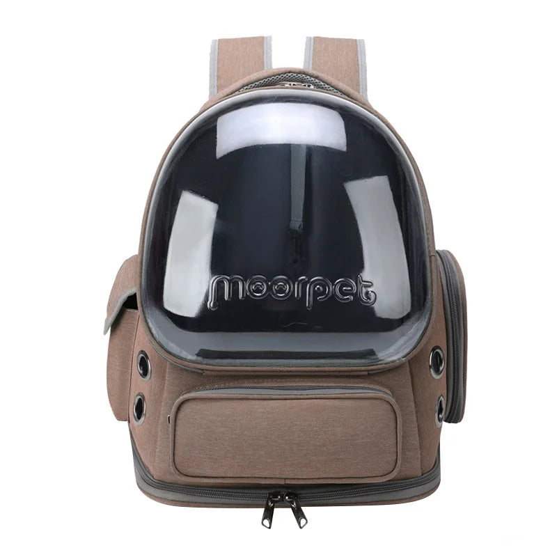 Transparent pet travel bag made from oxford fabric, featuring secure zippers and breathable mesh for cats.