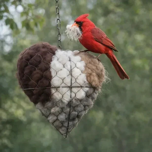 Outdoor decor: two alpaca fiber nesting hearts providing material for birds