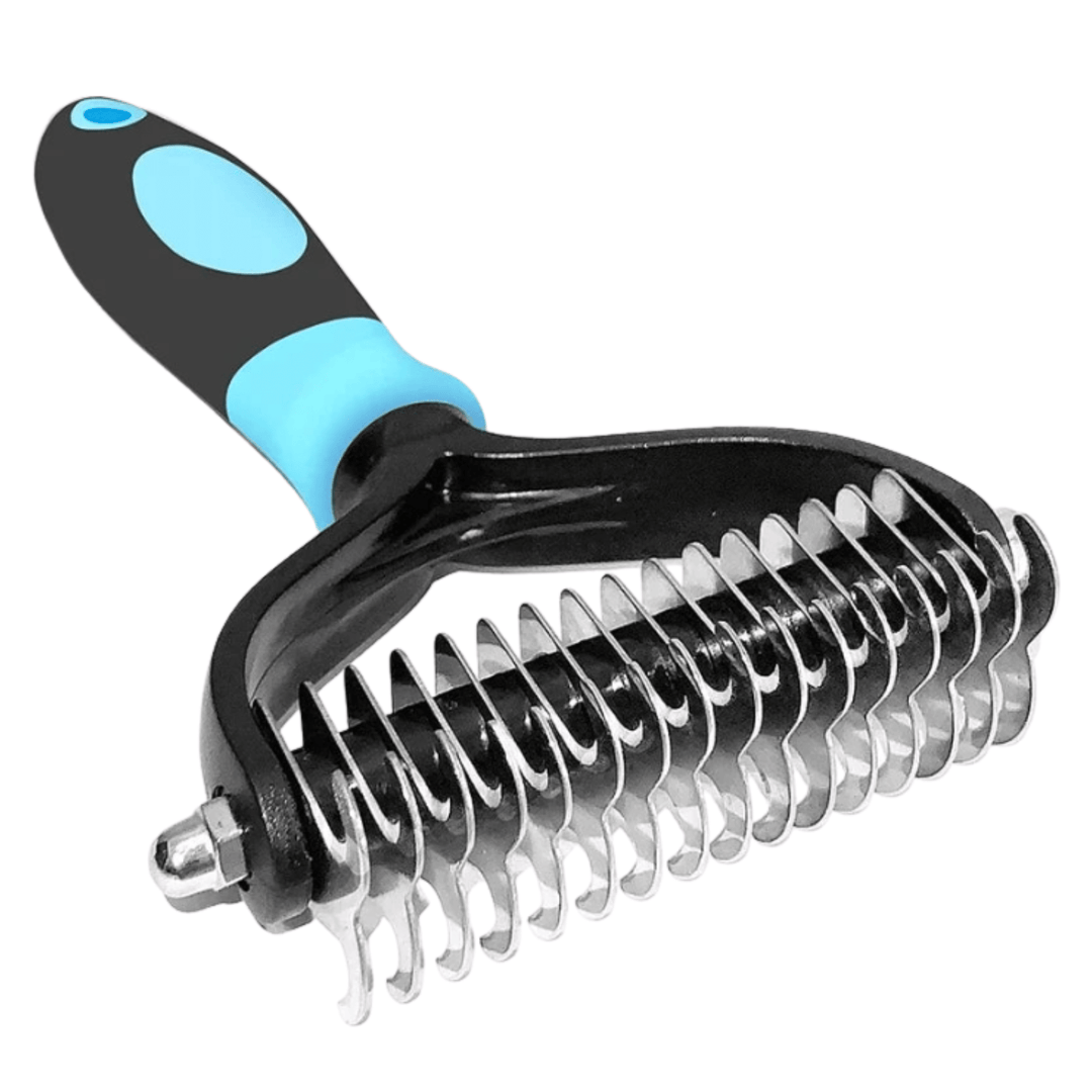Two-sided pet dematting comb for dogs and cats. Efficient grooming tool for tangle removal and deshedding.