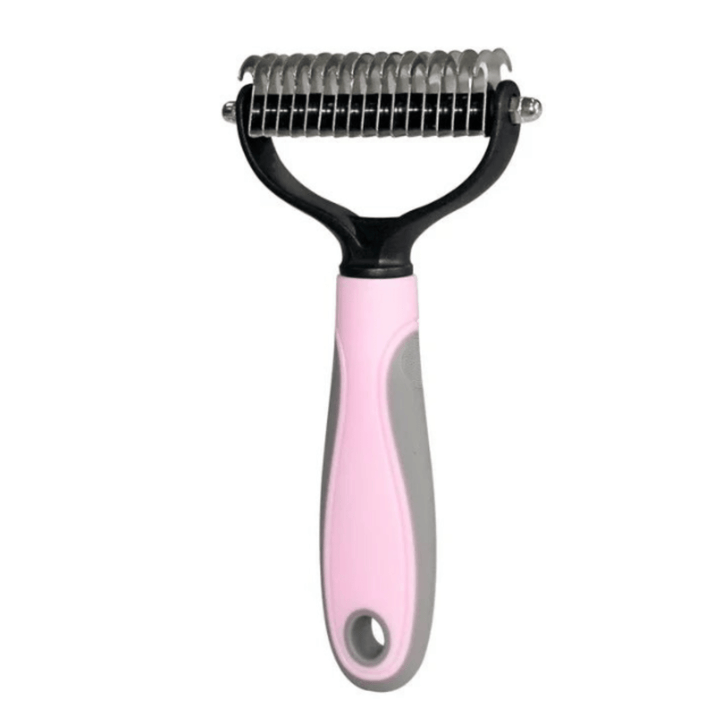 Dual-head grooming tool: pet dematting comb for dogs and cats, perfect for pet care and untangling fur.