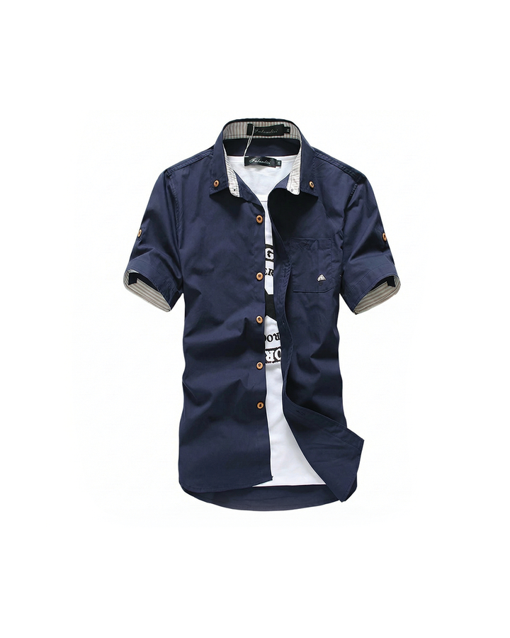 Men's short sleeve button-up shirt with stylish contrast stitching, perfect for casual summer wear.