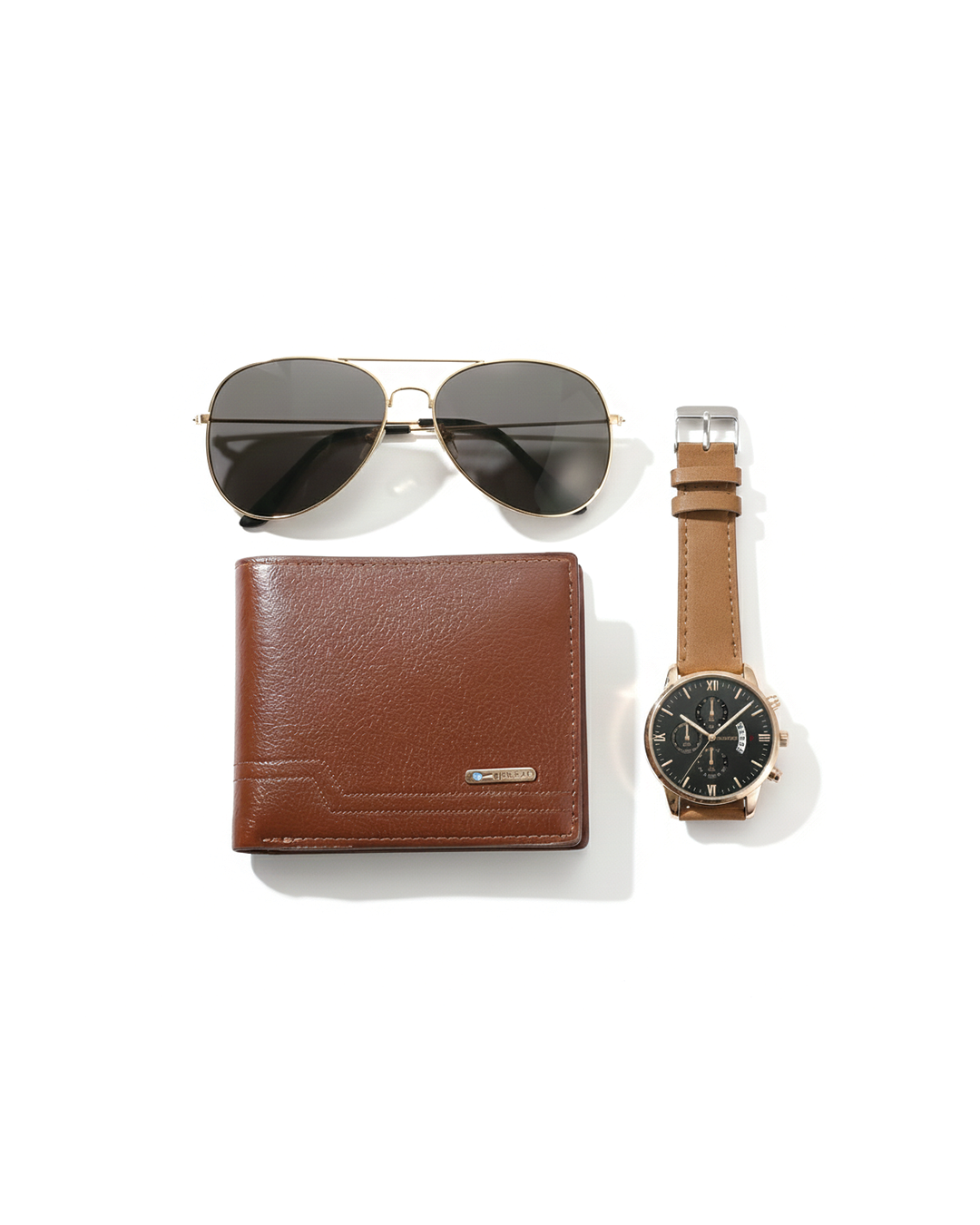 Elegant men's 3-in-1 gift set: watch, leather wallet & aviator sunglasses. Perfect holiday or birthday present.