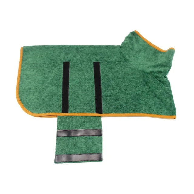 Cozy microfiber dog bathrobe, ultra-absorbent for quick drying after bath time. All dog sizes.