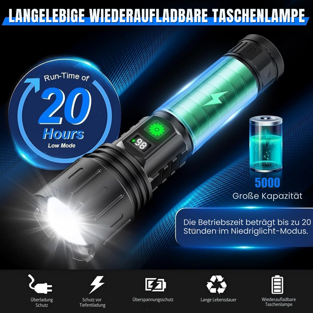 "Ultrahelle 100000 Lumen Taschenlampe, wiederaufladbar, wasserdicht, mit 5 Lichtmodi, ideale Leuchte für Outdoor-Abenteuer."