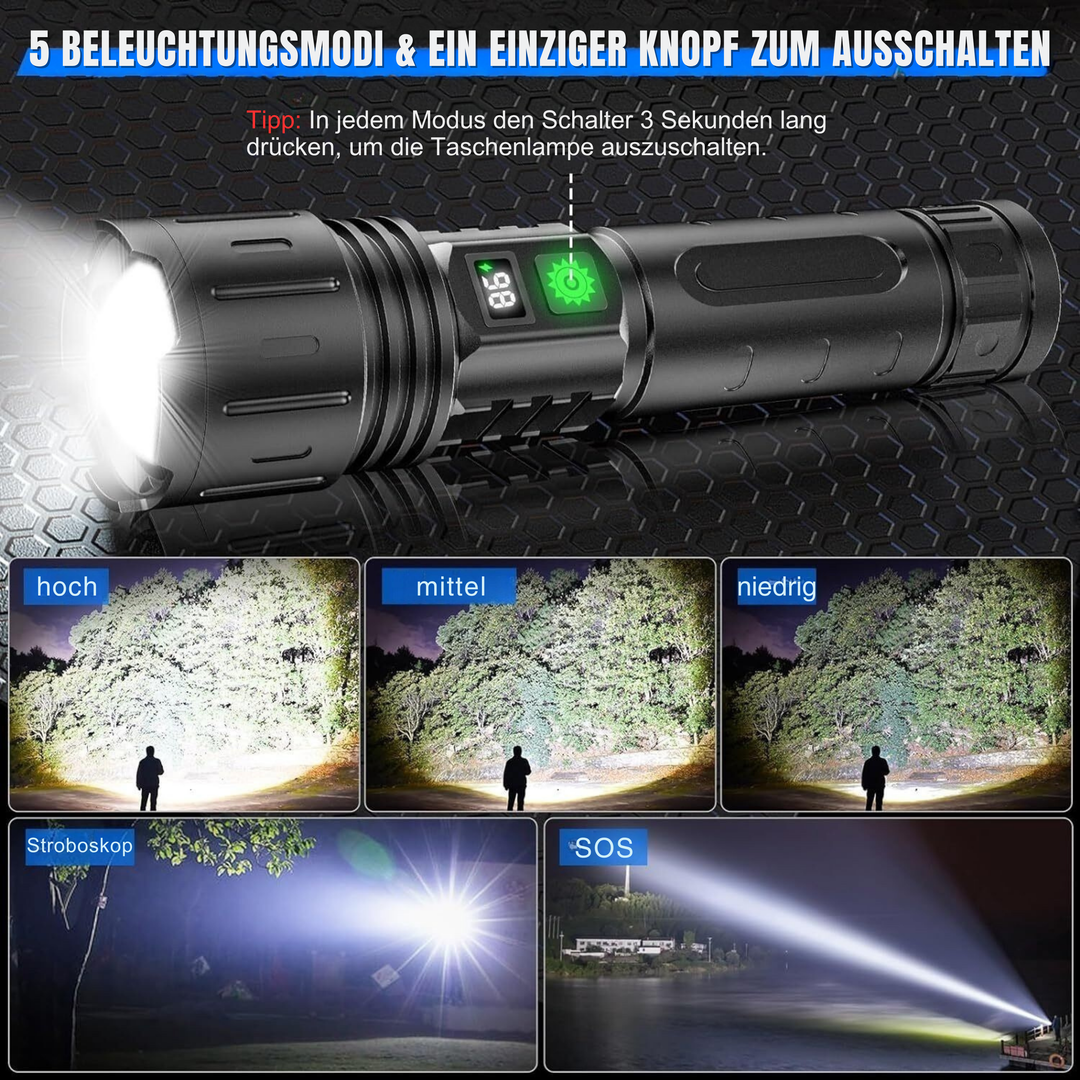"Ultrahelle 100000 Lumen Taschenlampe, wiederaufladbar, wasserdicht, mit 5 Lichtmodi, ideale Leuchte für Outdoor-Abenteuer."