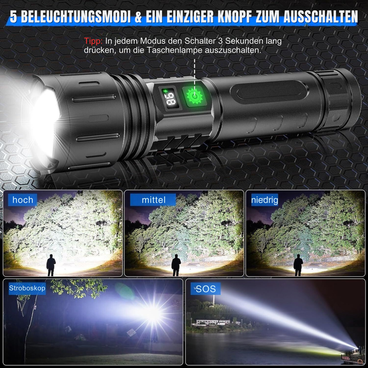 "Ultrahelle 100000 Lumen Taschenlampe, wiederaufladbar, wasserdicht, mit 5 Lichtmodi, ideale Leuchte für Outdoor-Abenteuer."