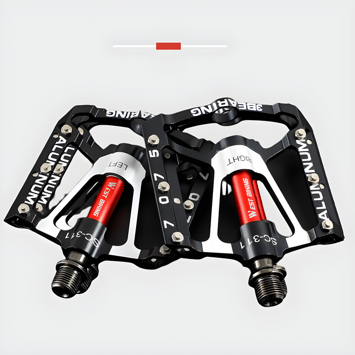 "Ultraleichte Fahrradpedale in Schwarz-Rot aus Aluminium, Vorderseite, mit maximalem Grip und rutschfesten Pins"