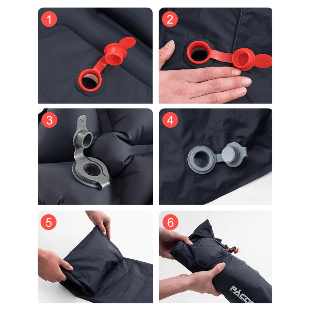 "Ultraleichte schwarze Isomatte mit integrierter Fußpumpe, wasserabweisend, ideal für Outdoor-Abenteuer, seitliche Ansicht."