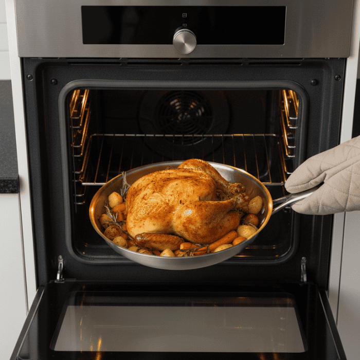 Durable uncoated titanium cooking pan, great for high-heat recipes & healthy cooking with minimal oil.