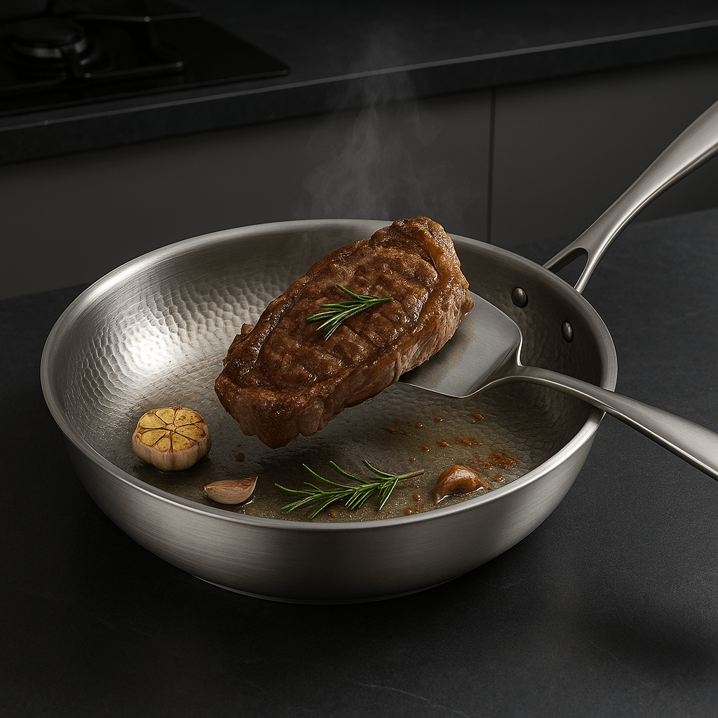 Premium uncoated titanium frying pan, delivering healthy, efficient results. A durable, versatile kitchenware item.