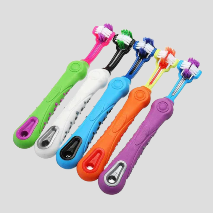 Unisex 3-head dog toothbrush for pet dental care, an essential dog grooming and oral hygiene supply.