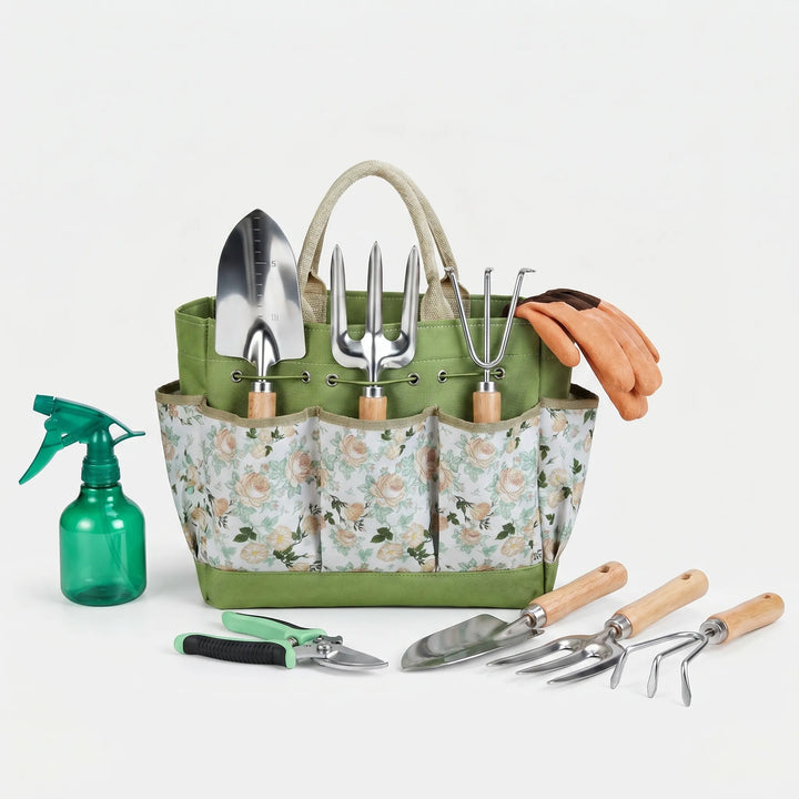 Complete 9-piece gardening hand tools: ergonomic trowel, transplanter, cultivator, weeder, snips & protective gloves.