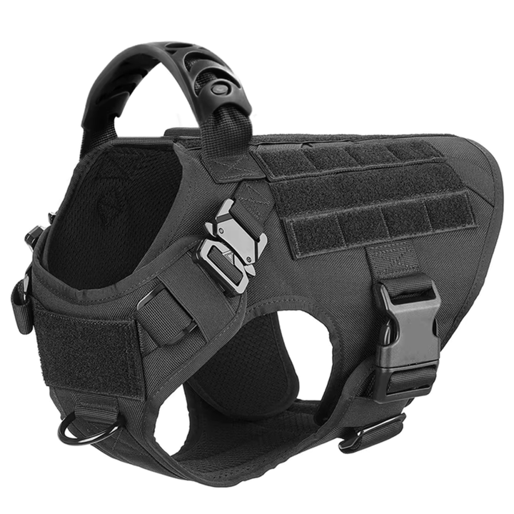 Detail of quick-release buckle on an adjustable K9 dog harness, designed for easy on and off.