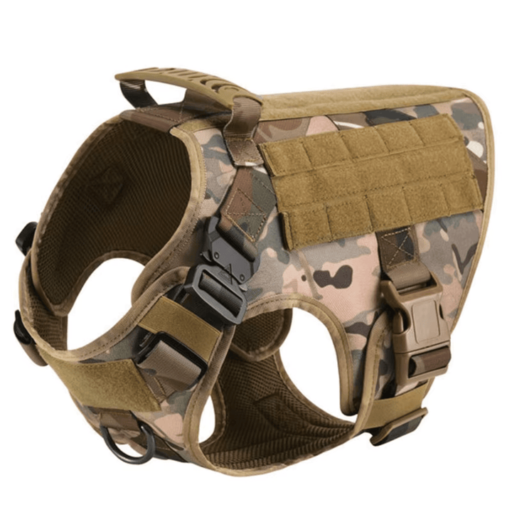An anti-pull K9 dog harness laid flat, displaying its robust construction and multiple adjustment points.