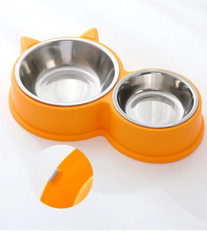Stylish pet feeding station featuring double stainless steel bowls and a cat ear silicone mat
