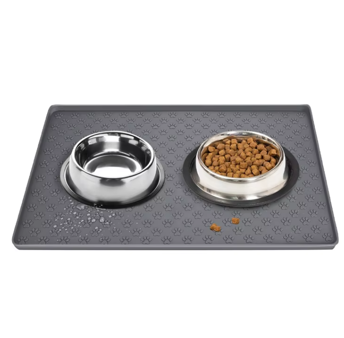 Non-slip waterproof pet feeder mat with double stainless steel bowls for pet food and water