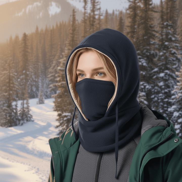 Unisex Blizzcap hooded neck gaiter for winter trekking. Windproof thermal headwear & face mask.