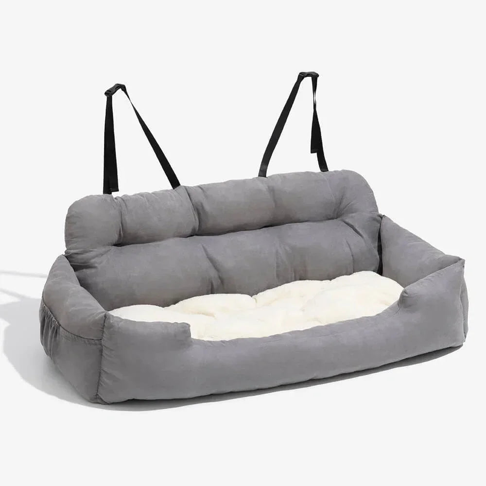 Cotton backseat pet carrier with adjustable straps and non-slip base for secure dog travel