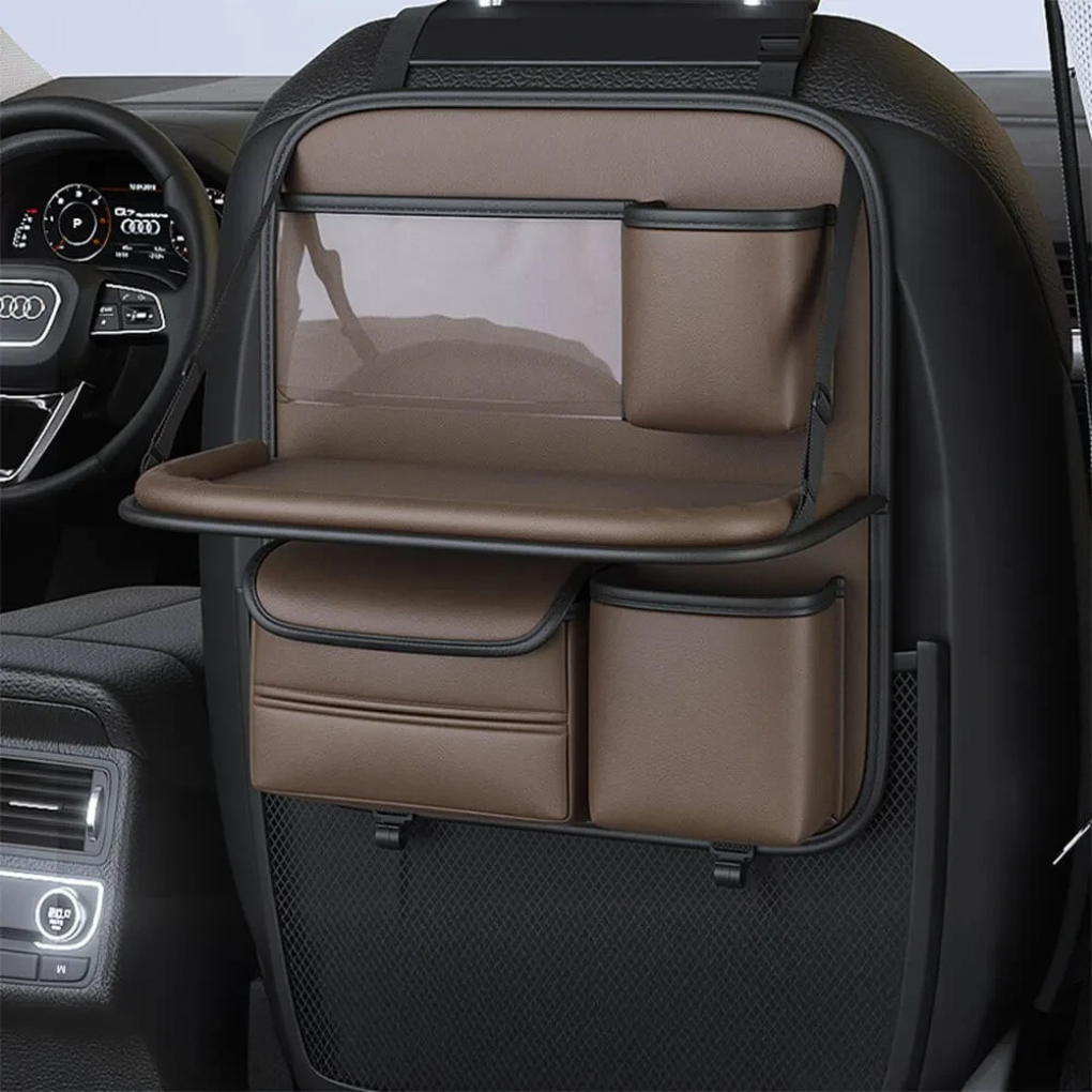 Black polyester car back-seat organizer with a sturdy foldable tray table for vehicles.