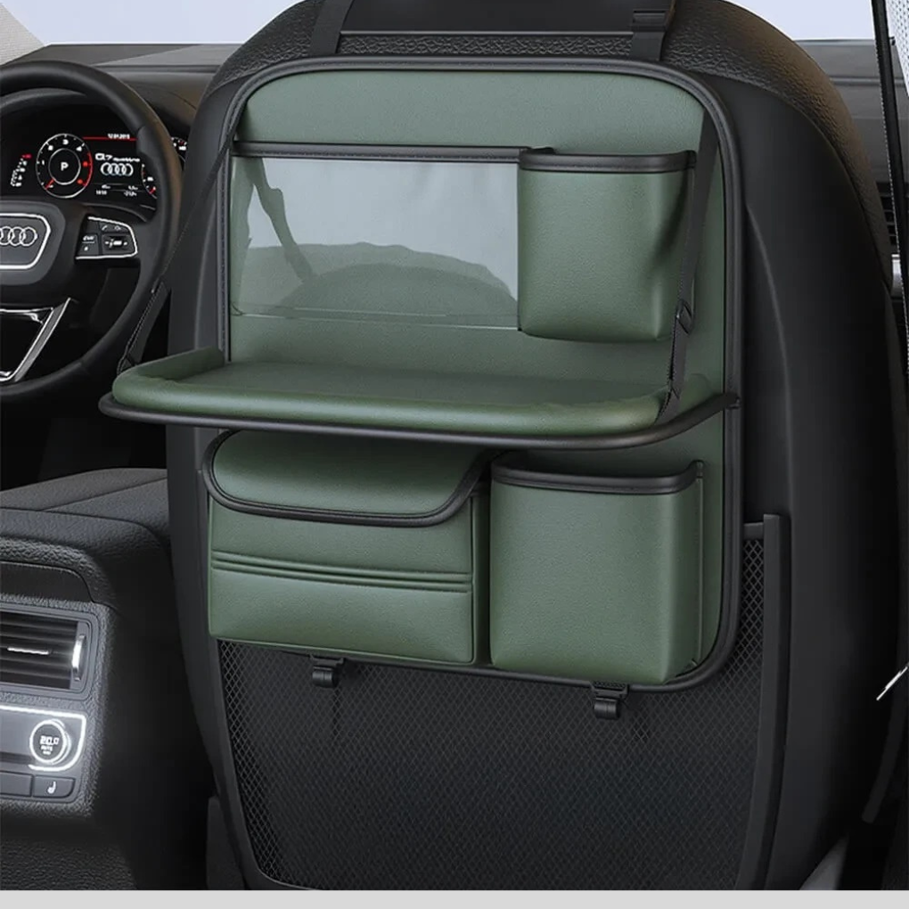 Travel essential car back-seat organizer. Auto storage with pockets & foldable tray for snacks.