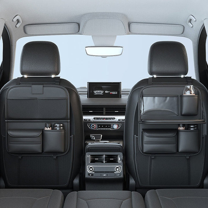 Brown polyester car back-seat organizer. Perfect travel essential with a convenient foldable tray table.
