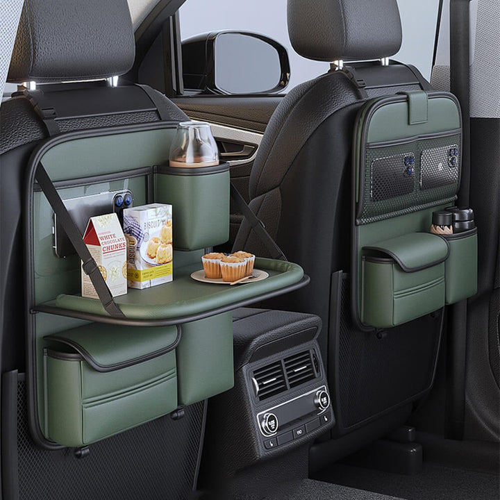 Sleek black polyester back-seat car organizer featuring a durable foldable tray table & storage pockets.