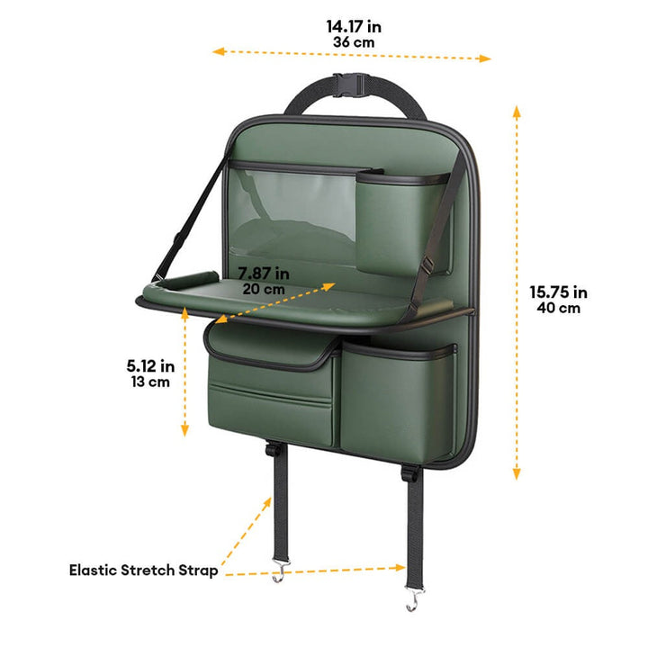 Car back-seat organizer in black, brown, green, red, grey. Auto storage with a foldable tray.