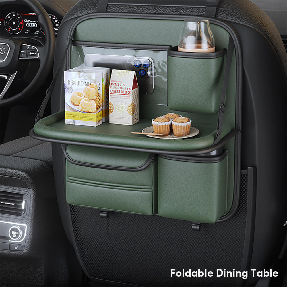 Back of a car seat with the black foldable organizer, emphasizing its secure attachment straps