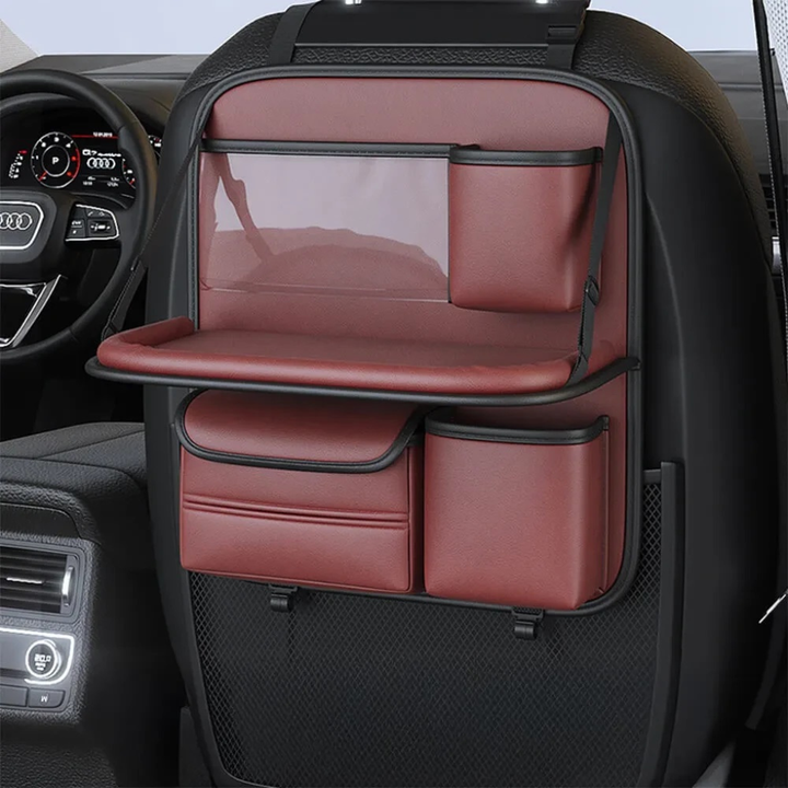 Close-up of the foldable tray on car seat back organizer, demonstrating its sturdy design for travel accessory