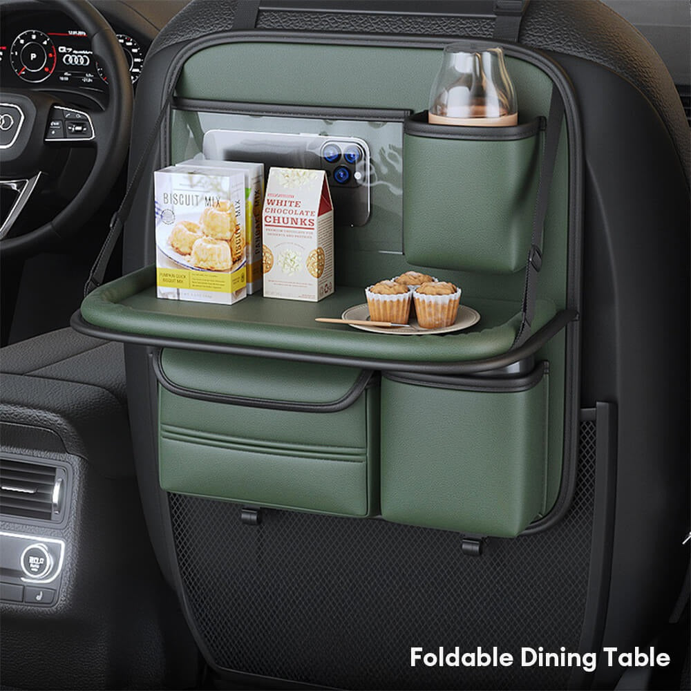Unisex black car seat organizer installed, showcasing easy attachment and full backseat storage functionality