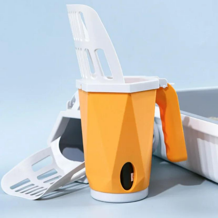 Unisex cat litter scoop with integrated poop bag dispenser, durable pet waste disposal tool.