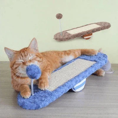Interactive cat toy: unisex rocker with corrugated scratch pad & attached dangling ball for pets