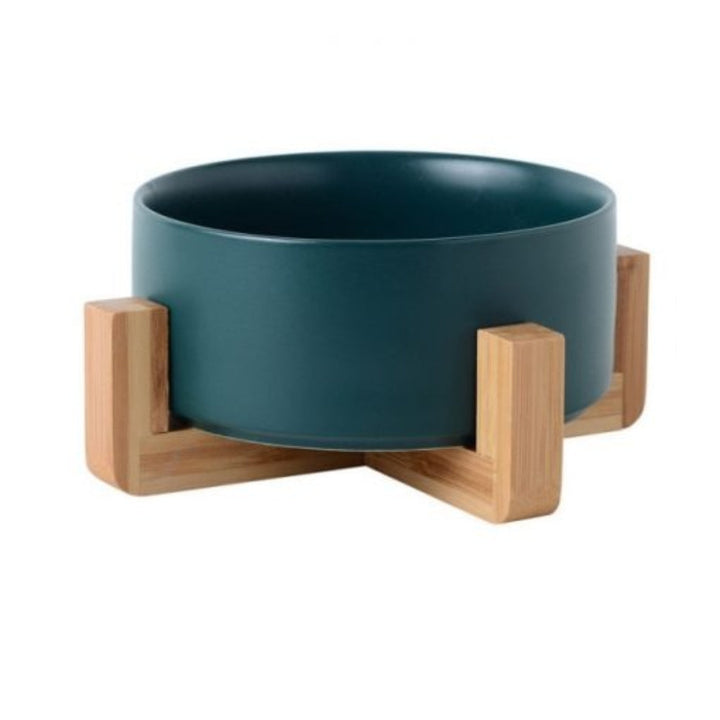 New ceramic pet bowl with a sturdy wooden stand, elevated design for comfortable feeding