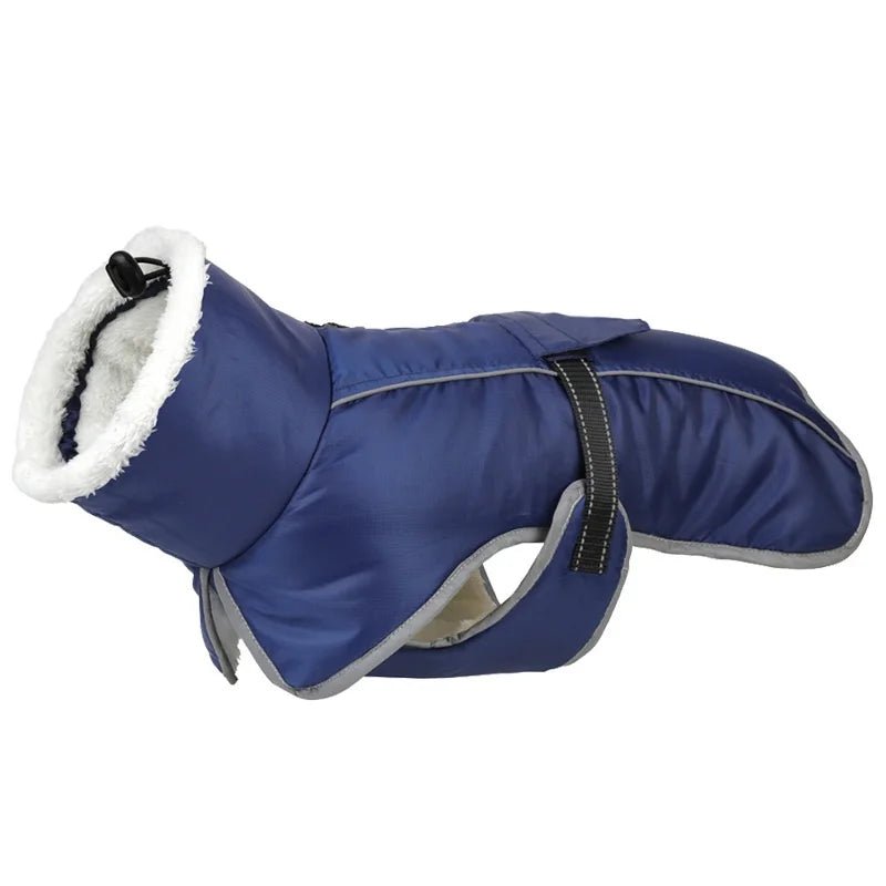 Warm insulated dog winter jacket, black with reflective stripes, side view, for large dog comfort