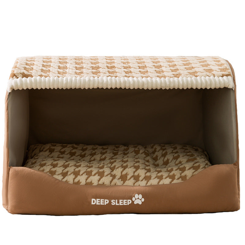 Soft, dark grey plush enclosed dog bed house, offering a private cozy space for pets