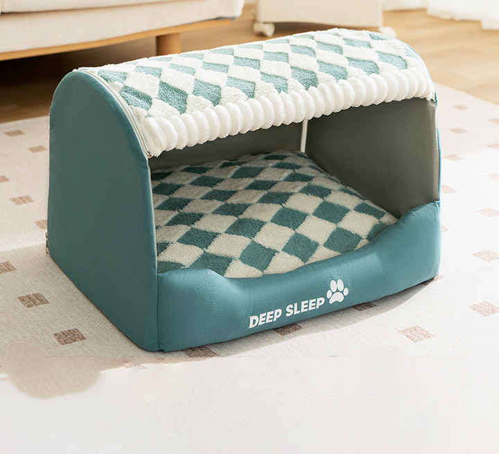 Cream-colored plush dog bed house, an ideal pet accessory providing warmth and an enclosed sleeping area