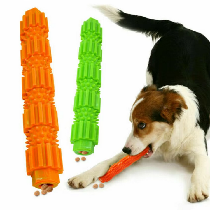 Interactive dog toy and chew stick, designed with treat-dispensing function for healthy pet play.